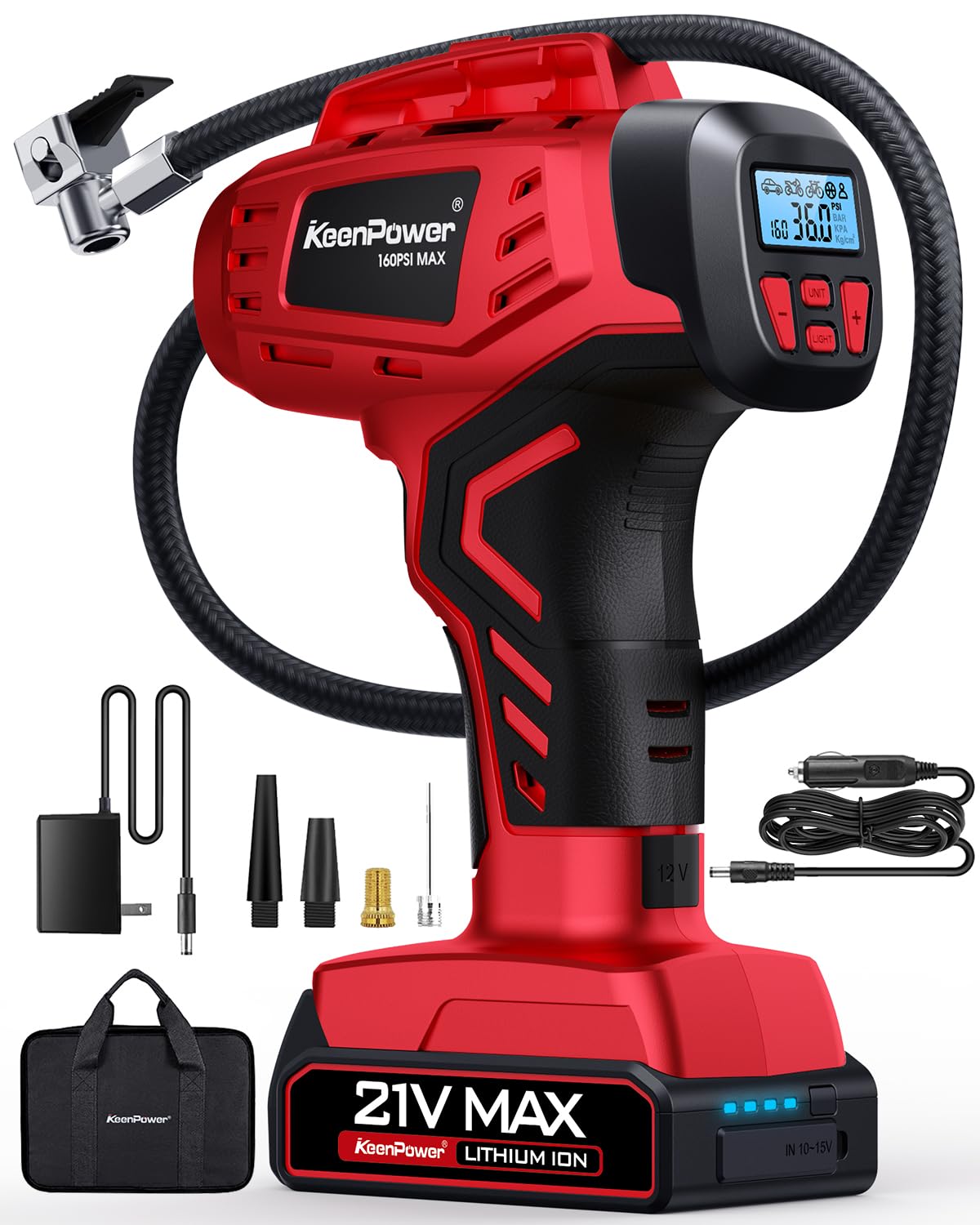 KeenPower Digital Cordless Tire Inflator Portable Air Compressor Automatic 160PSI w/Gauge Screen & 4+N Smart Mode & Dual Power S
